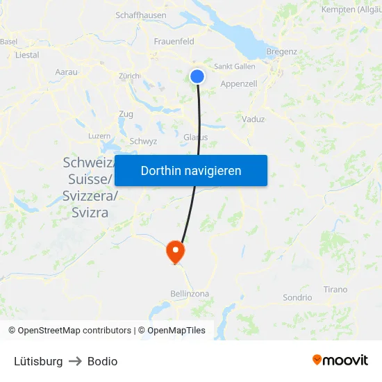 Lütisburg to Bodio map