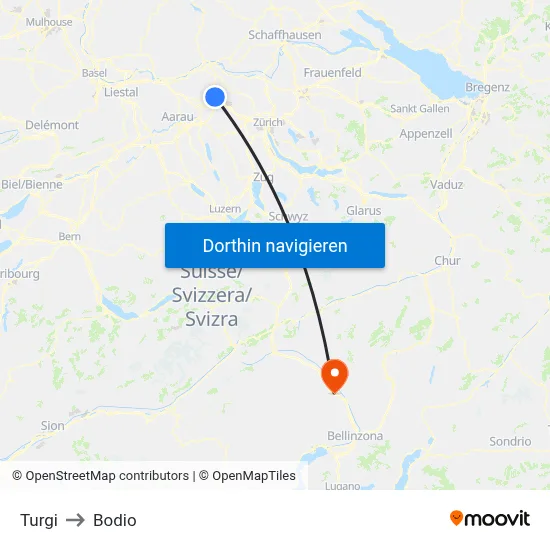 Turgi to Bodio map