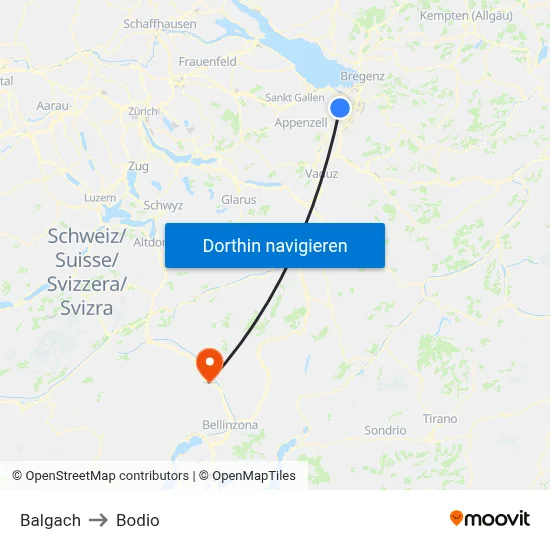 Balgach to Bodio map
