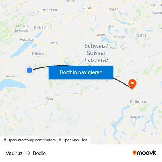Vaulruz to Bodio map