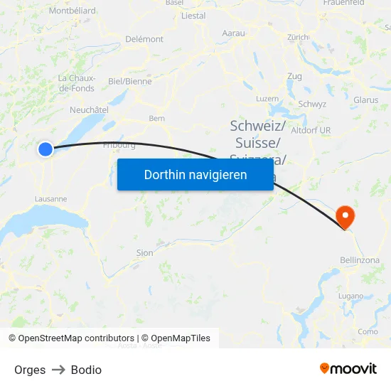 Orges to Bodio map