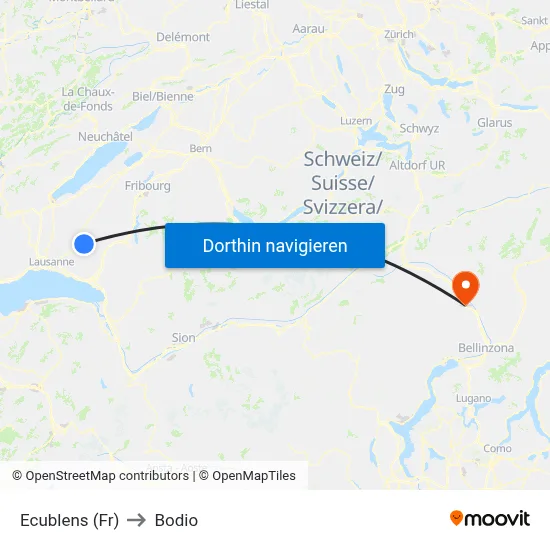 Ecublens (Fr) to Bodio map