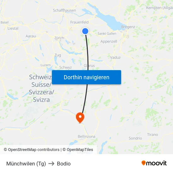 Münchwilen (Tg) to Bodio map