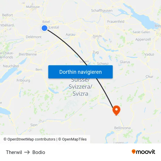 Therwil to Bodio map