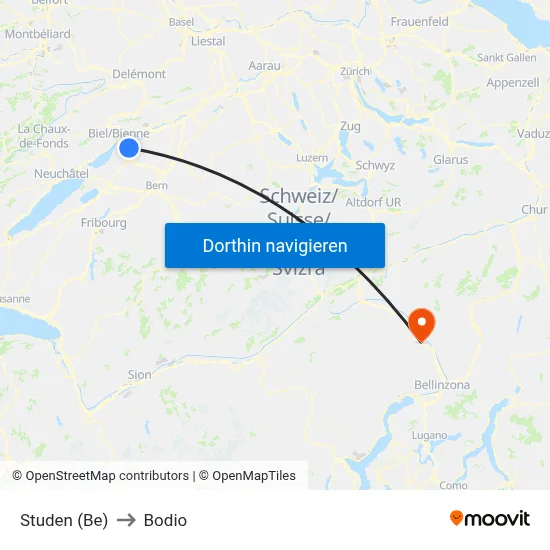 Studen (Be) to Bodio map