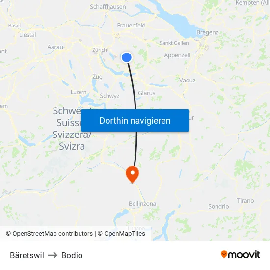 Bäretswil to Bodio map