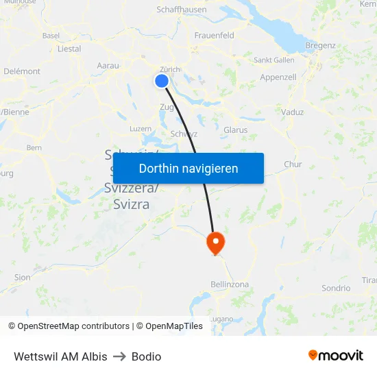 Wettswil AM Albis to Bodio map