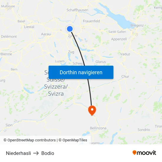 Niederhasli to Bodio map