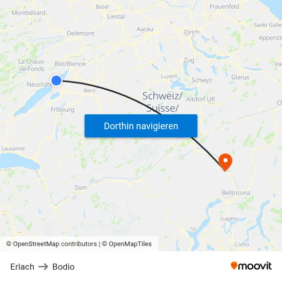 Erlach to Bodio map