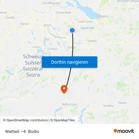 Wattwil to Bodio map
