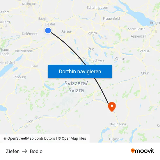 Ziefen to Bodio map