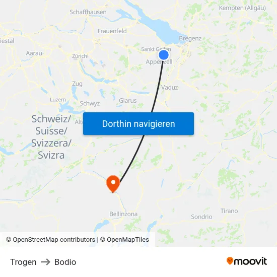 Trogen to Bodio map