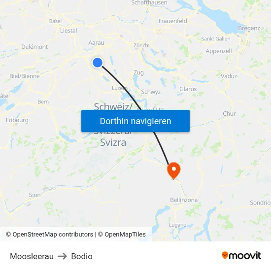 Moosleerau to Bodio map