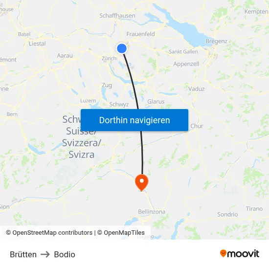 Brütten to Bodio map