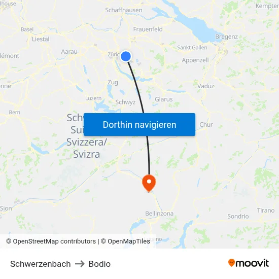 Schwerzenbach to Bodio map