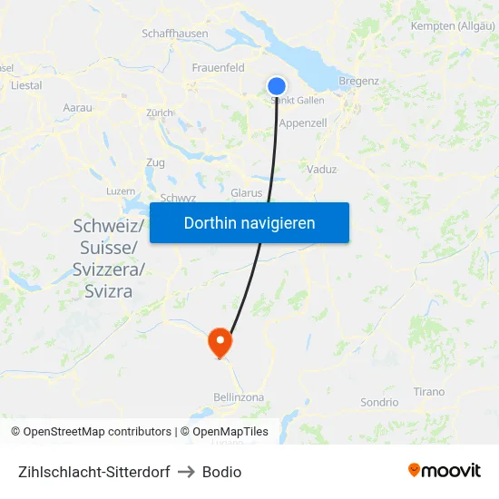 Zihlschlacht-Sitterdorf to Bodio map