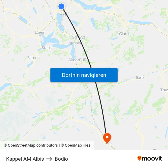 Kappel AM Albis to Bodio map