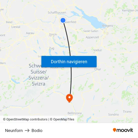 Neunforn to Bodio map