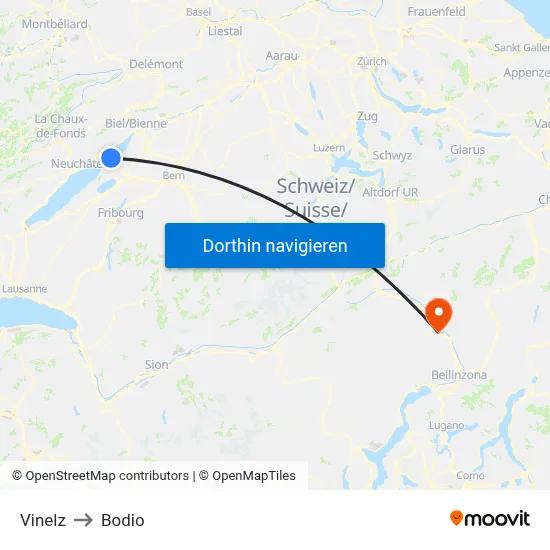 Vinelz to Bodio map
