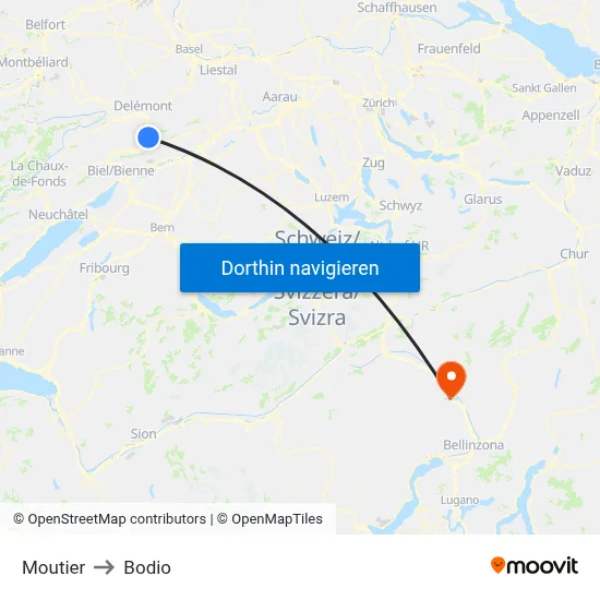Moutier to Bodio map