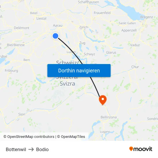 Bottenwil to Bodio map