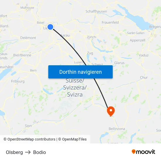 Olsberg to Bodio map
