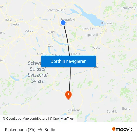 Rickenbach (Zh) to Bodio map
