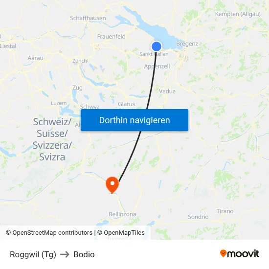 Roggwil (Tg) to Bodio map