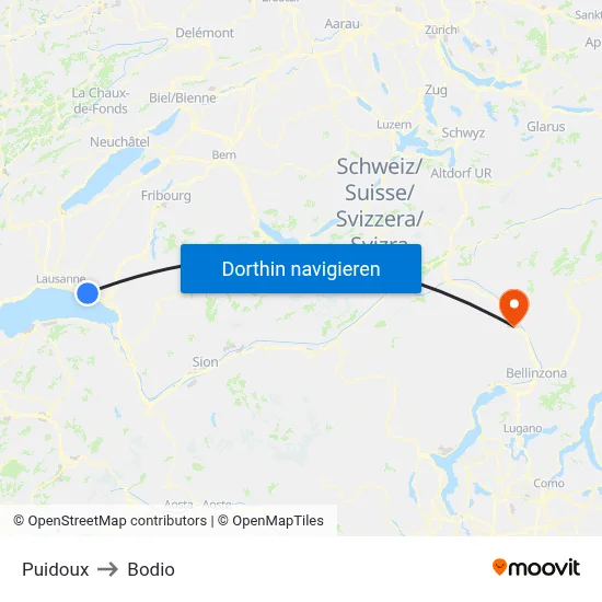 Puidoux to Bodio map