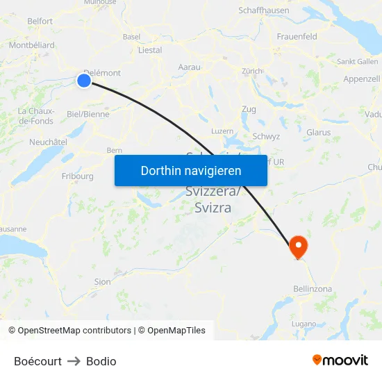 Boécourt to Bodio map