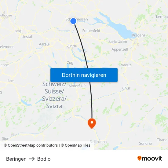 Beringen to Bodio map