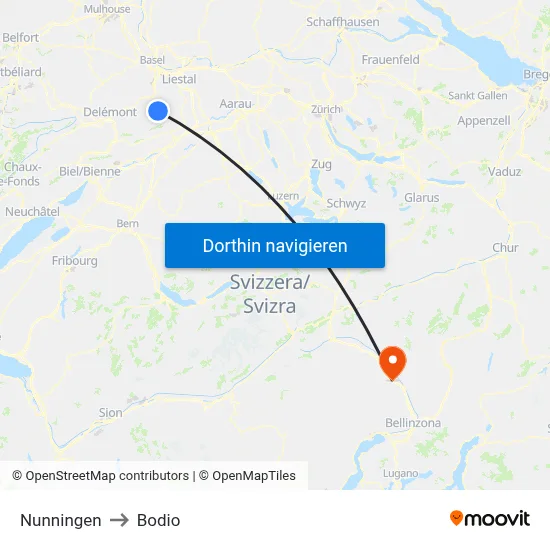 Nunningen to Bodio map