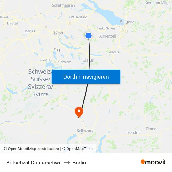 Bütschwil-Ganterschwil to Bodio map