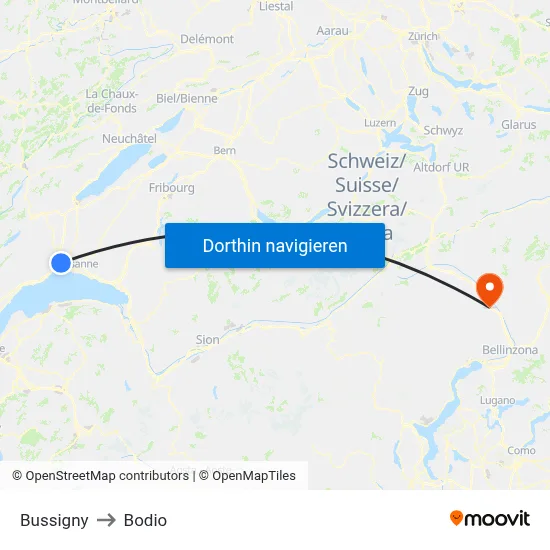 Bussigny to Bodio map
