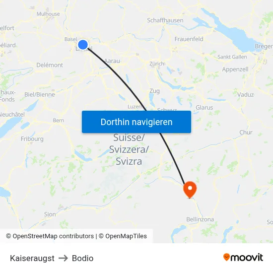 Kaiseraugst to Bodio map