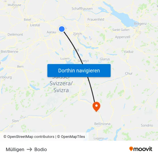 Mülligen to Bodio map