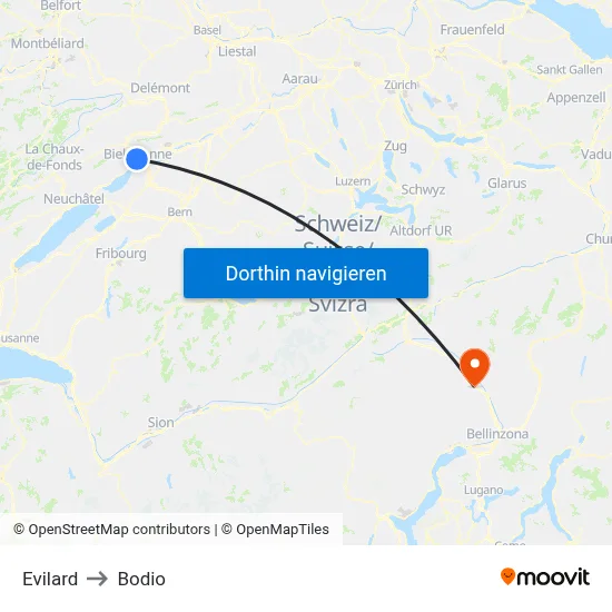 Evilard to Bodio map