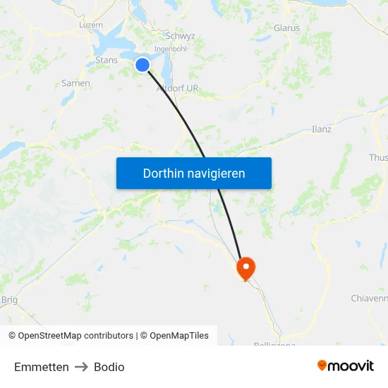 Emmetten to Bodio map