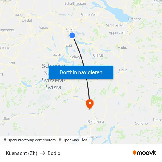 Küsnacht (Zh) to Bodio map