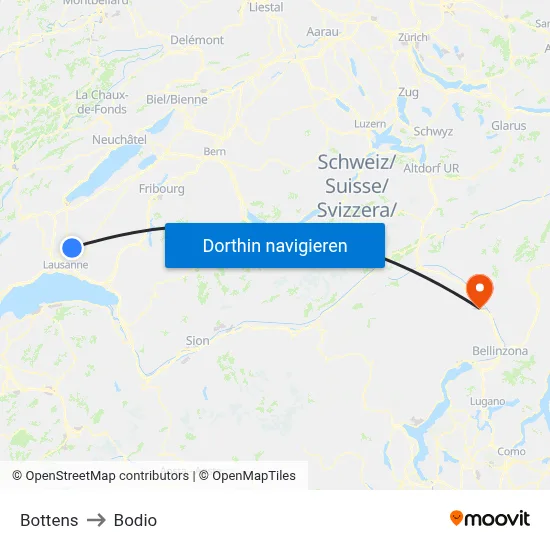 Bottens to Bodio map