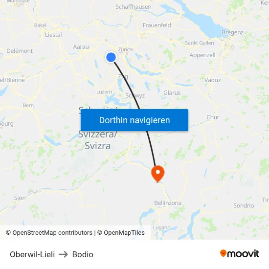 Oberwil-Lieli to Bodio map