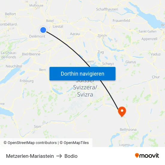 Metzerlen-Mariastein to Bodio map