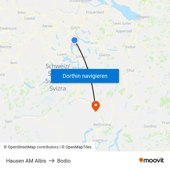 Hausen AM Albis to Bodio map