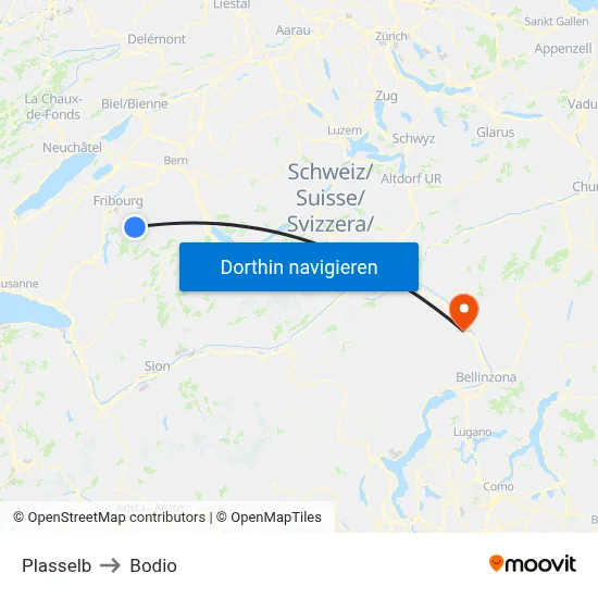 Plasselb to Bodio map