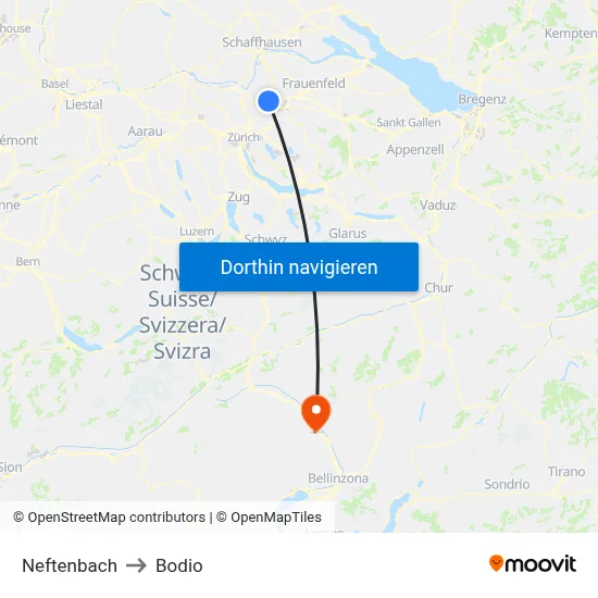 Neftenbach to Bodio map