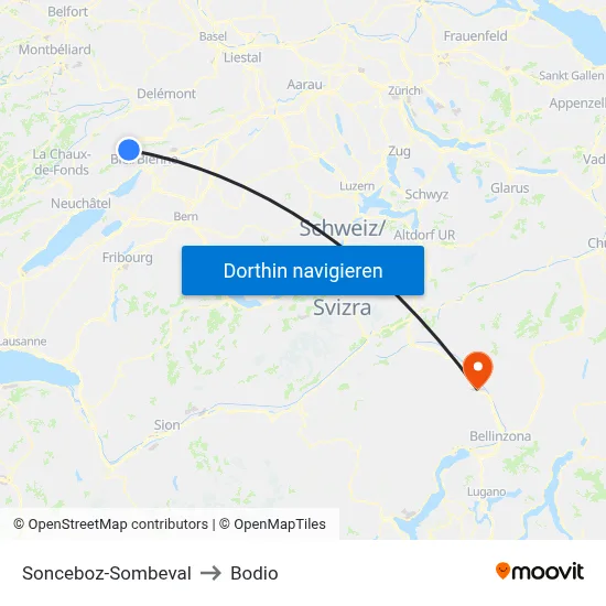 Sonceboz-Sombeval to Bodio map