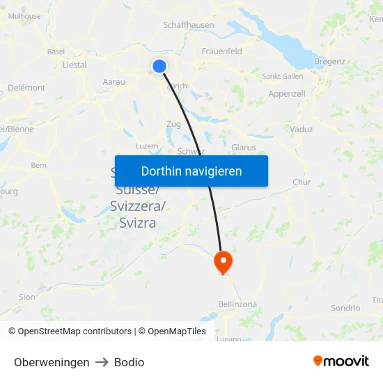 Oberweningen to Bodio map