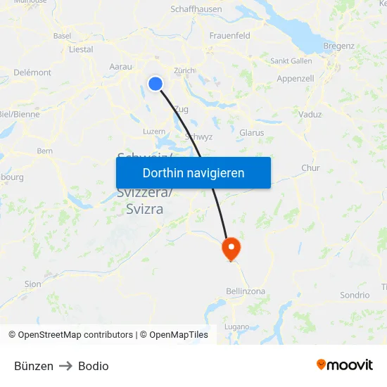 Bünzen to Bodio map