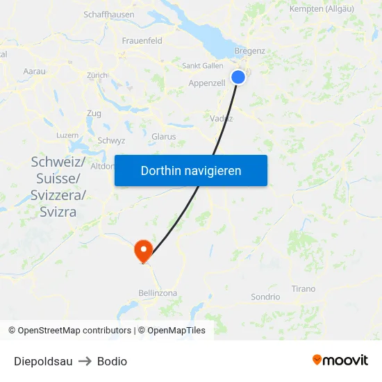 Diepoldsau to Bodio map