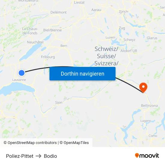 Poliez-Pittet to Bodio map